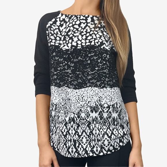 Reiss Melinda Mixed Media Top Small Black White Cotton Blend Lace Abstract - Picture 1 of 13